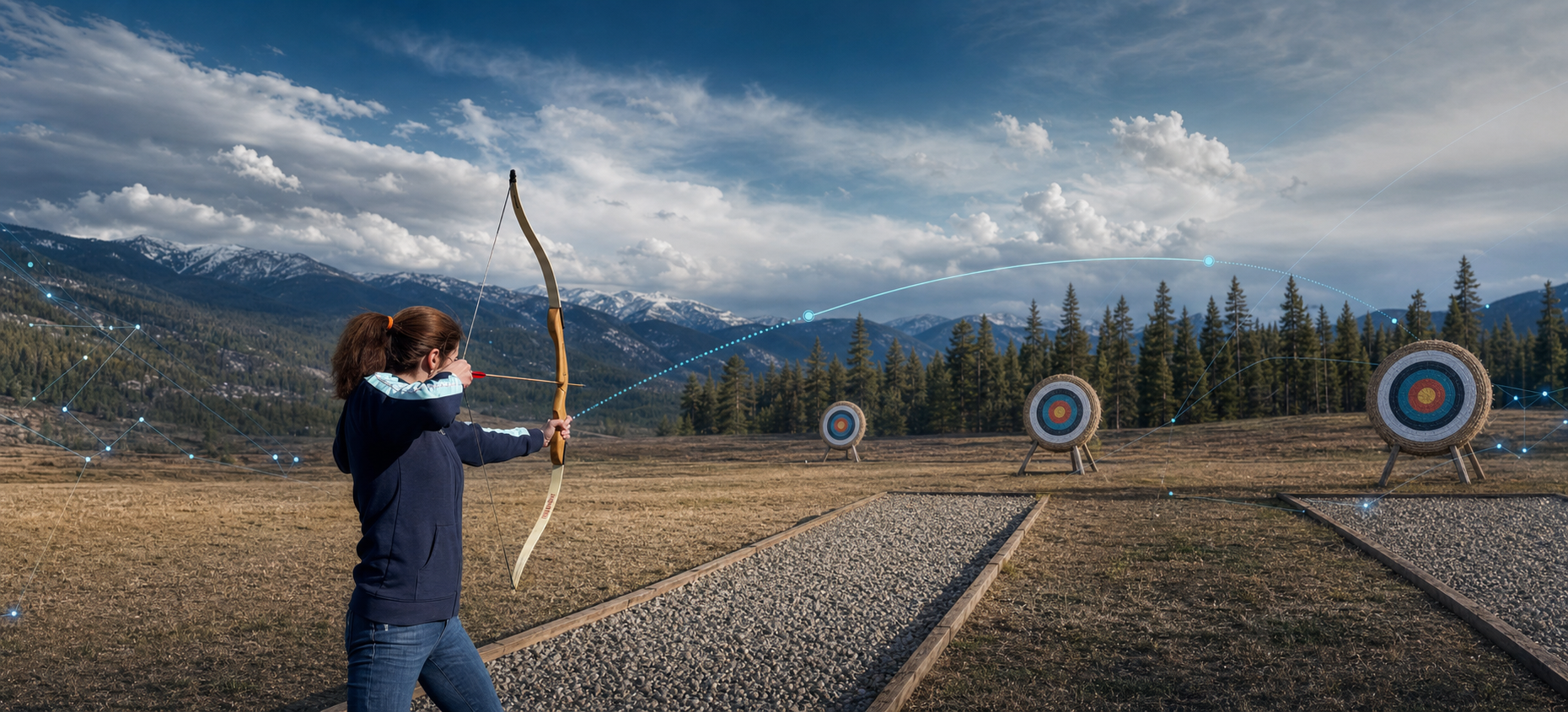 Svetlana Gershman practicing archery as analytical signals trace a path toward three targets